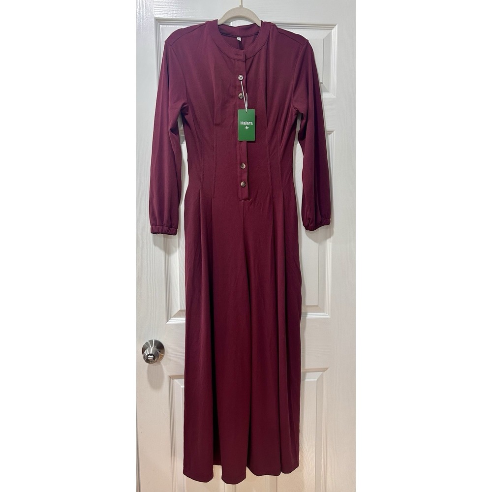 Halara Burgundy Long Sleeve Wide-Leg Jersey Jumpsuit Round Neckline Waffle SM